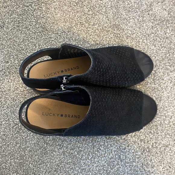 Lucky Brand Slingback Ankle Booties Black Suede Open Toe Heeled Boots Size‎ 7 - Picture 4 of 8